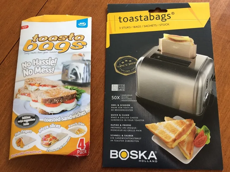 Photo of two types of toaster bags for celiacs to use when travelling (JML toastabags and Boska Holland toastabags. 